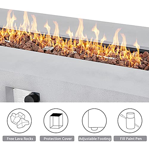 UPHA 56'' Patio Propane Gas Concrete Fire Pit Table, Rectangular with Weather-Resistant Pit Cover, 50000 BTU Auto-Ignition Fire Table , Free Lava Rocks, 56''L x 28''W x 12.8''H, Light Grey