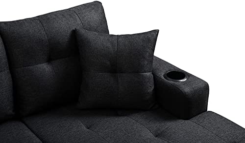 STARTOGOO Modern 4 Seat Sectional Sofa Set for Living Room Bedroom,L Shape Couch w/Cup Holder and Left or Right Reversible Chaise, Black