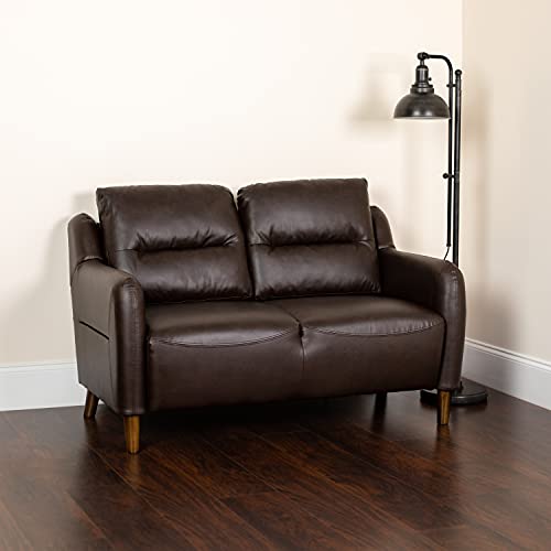 Flash Furniture Newton Hill Upholstered Bustle Back Loveseat in Brown LeatherSoft