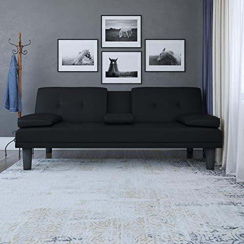 DHP Marley Sofa Sleeper with Cupholder and 2 Pillows, Black Faux Leather