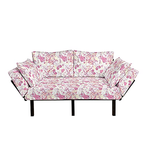 Ambesonne Fashion Futon Couch, Old-Fashioned Female Corset Accessories Vintage Girls Room Floral Design Print, Daybed with Metal Frame Upholstered Sofa for Living Dorm, Loveseat, Beige Pink