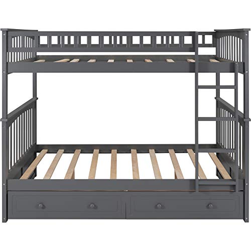 Full Over Full Bunk Bed with Drawers, Wooden Bunk Bed Frame, Gray