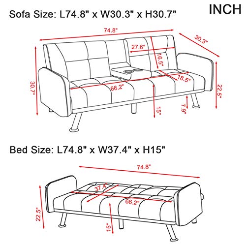 Futon Sofa Bed with Cup Holders, 3 Angles Adjustable Convertible Sleeper Sofa, Loveseat with 5 Metal Legs, Modern Couch Sofa for Living Room (Purple)