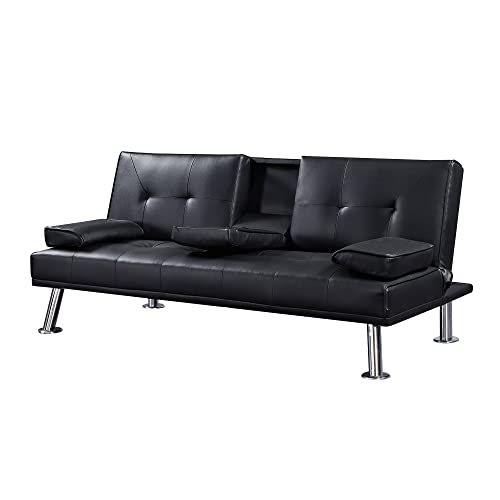 ZSY Sofas Faux Leather Loveseat Sofa Bed with Cup Holders, Convertible Folding Sleeper Couch Bed