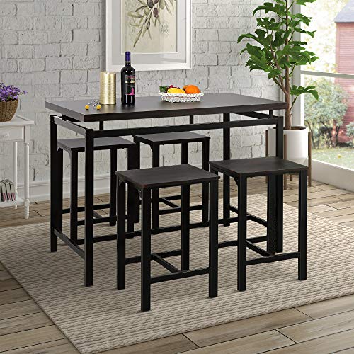 PovKeever Harper Bright Designs 5 Piece Dining Set Wood and Metal Pub Table with 4 Bar Stools,Espresso