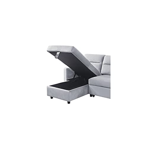 Lilola Home Velvet Reversible Sleeper Sectional Sofa with Storage Chaise and Side Pocket, Light Gray