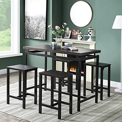 Harper & Bright Designs Dining Table Set for 4, Tall Counter Height Table with 4 Stools, Industrial High Bar Dining Table Set, Perfect for Kitchen, Dining Room, Breakfast Nook,Cafeteria,Espresso
