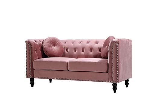 US Pride Furniture Modern Style High Density Foam 64.17'' Wide Rose Velvet Rolled Arm 2 Seater Chesterfield Living Room Removable Cushion & Solid Wood Legs (S5608-5613) Sofas