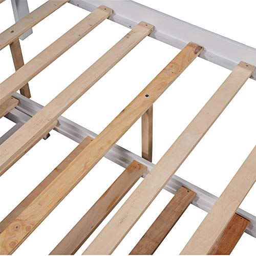 Full Size Platform Bed Frame with Headboard ,Wood Full Bed Frame with Adjustable Trundle Bed, Extendable Full Bed to 2 Beds for Adults Kids Teens ,Bedroom ,White