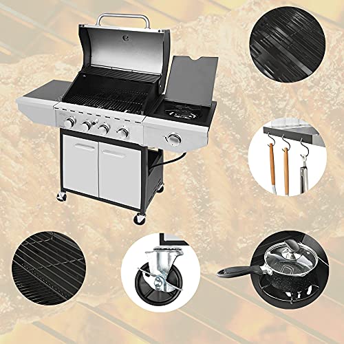 Honeydrill Propane Gas Grill with Side Burner,4-Burner, Stainless Steel