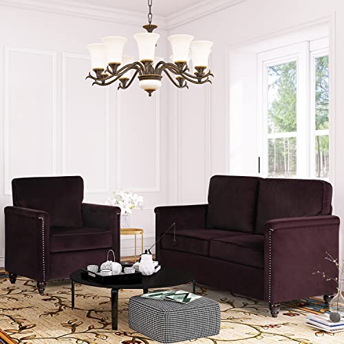 TYBOATLE Velvet Traditional Chesterfield Living Room Furniture Sectional Sofa Sets 2 Piece, Loveseats Couch and Accent Arm Chairs with/Scrolled Arms for Small Space, Apartment, Office (Dark Purple)