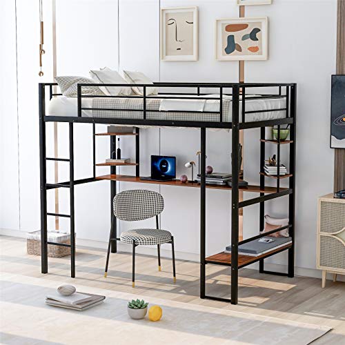 Twin Loft Beds Metal Bed Frame Loft Bed with Wooden Desk and Bookcase, Twin Size Loft Bed for Dorm, Boys & Girls Teens Kids, Black