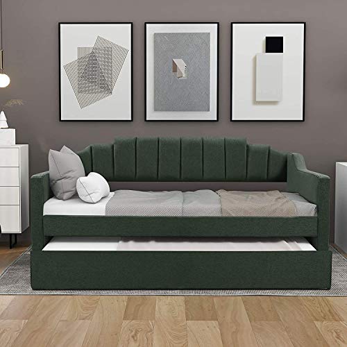 Harper & Bright Designs Daybed with a Trundle,Upholstered Daybed with Trundle Bed ,Twin Trundle Daybed Frame with Wood Slat Support,Green