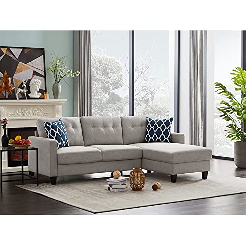 Devion Furniture Button Tufted Back Linen Fabric Sectional Sofa with Toss Pillow Included in Light Gray