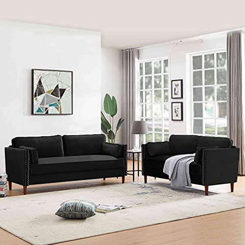 Cotoala 2 Piece Living Room Sectional Sofa Sets, Modern Upholstered Couch Furniture, One Three-Seat Chair & Loveseat, 2+3, Black