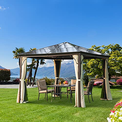 Outsunny 10' x 10' Aluminum Frame Patio Gazebo Canopy with Polycarbonate Hardtop Roof, Mesh Net Curtains, & Durability