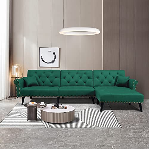 Sectional Sofa Convertible Futon Sofa Bed, Mid-Century Modern Velvet Sleeper Sofa with Reversible Chaise&2 Pillows, Large Sectional Futon Sofa Couch for Living Room, Green