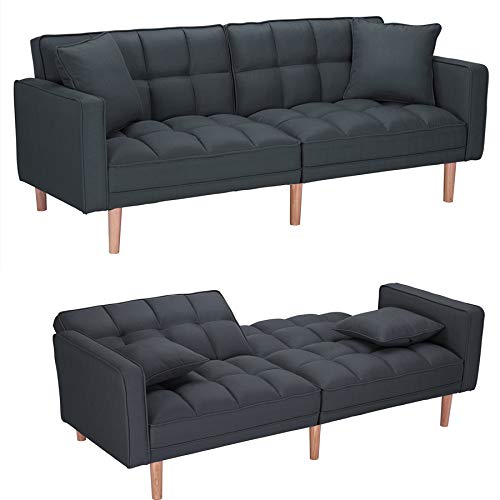 Modern Futon Sofa Couch Convertible Sleeper Sofa Bed,Sectional Sofa,Fabric Recliner Back and Armrest Sofa Couch with 2 Pillows for Living Room, Bedroom, Office,Dark Gray