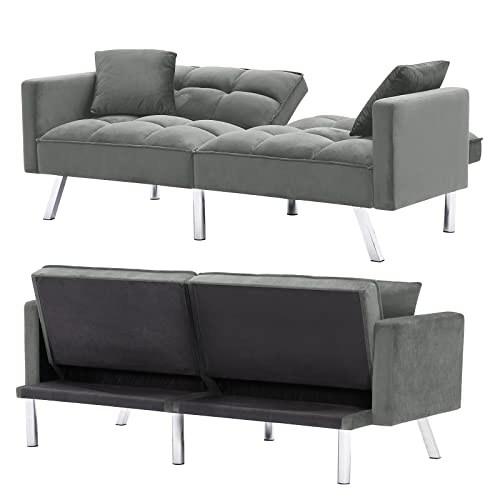 Velvet Sleeper Sofa Bed Modern Tuft Futon Sofa Couch with 3 Adjustable Angles Convertible Loveseat Sleeper Sofa Bed Twin Size with Arms and 2 Pillows for Living Room (Grey)
