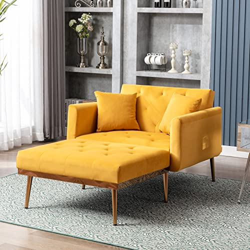 CHASIAISY Accent Chaise Lounger Loveseat Sofa Bed | Velvet Cover 2 Pillows Adjustable Reclining Back | Convertible Folding Couch Sleeper Sofa Bed for Living Room Bedroom Office Apartment Small Spaces