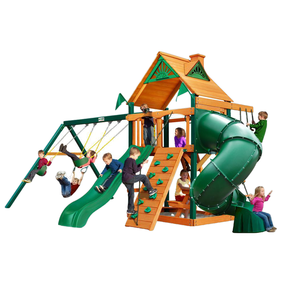 Gorilla Playsets 01-0005-AP Mountaineer Amber Posts Swing Set and Residential Wood Playset with Standard Wood Roof New