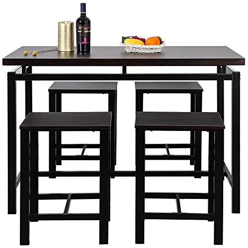 PovKeever Harper Bright Designs 5 Piece Dining Set Wood and Metal Pub Table with 4 Bar Stools,Espresso