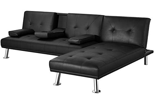 Topeakmart Living Room Sofa Couch Modern Sectional Sofa Bed Couch Faux Leather Upholstery Futon Sofa Bed with Convertible Chaise Lounge Reclining Living Room Sofa Black