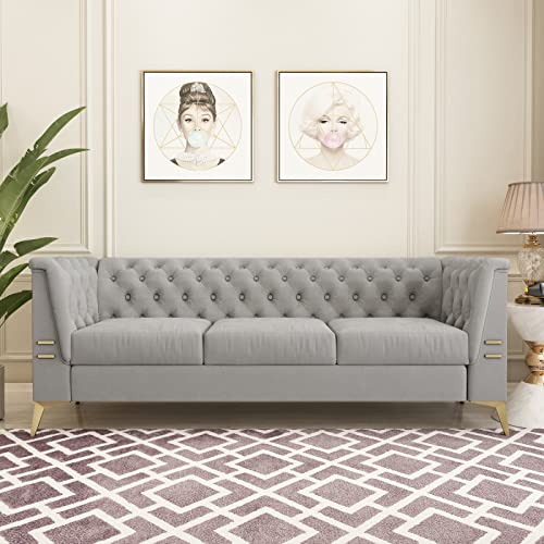 Chesterfield Sofa, Velvet Upholstered Futon Sofa with Flared Arms and Removable Cushions, Sofa Couch with Wood Frame and Gold Legs, Mid Century Tufted Sofa for Living Room (Light Gray)