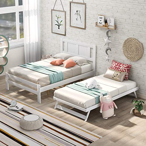 Full Size Platform Bed with Adjustable Trundle, Wooden Platform Bed Frame with Headboard, White