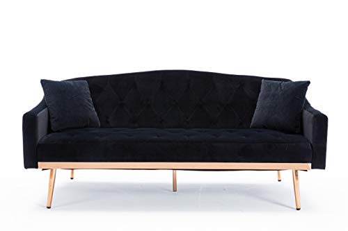 Velvet Sofa, Accent Sofa Loveseat Sleeper Couch Rose Gold Metal Feet with 2 Pillows for Living Room, Bedroom (Black)