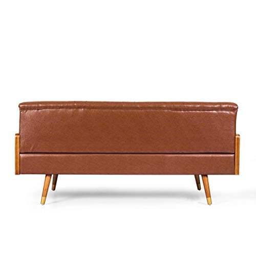 Christopher Knight Home Adelaide Mid-Century Modern Tufted Sofa with Rolled Accent Pillows, Cognac Brown, Dark Walnut, Gold
