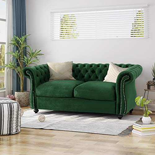 GDFStudio Christopher Knight Home Karen Traditional Chesterfield Loveseat Sofa, Emerald and Dark Brown, 61.75 x 33.75 x 27.75