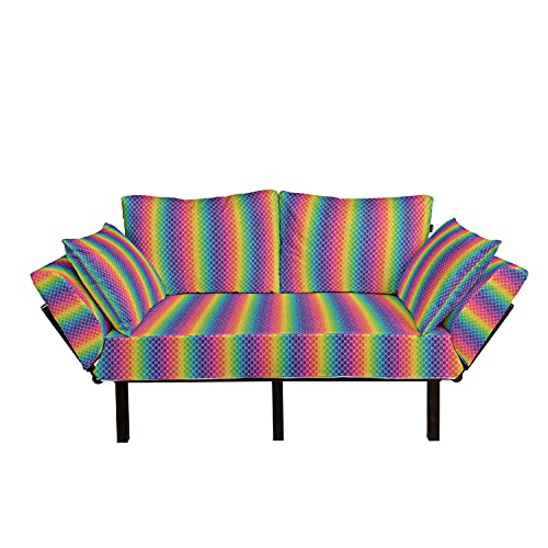 Lunarable Rainbow Futon Couch, Rainbow Colored Chevron Pattern with Wihte Spots Abstract Psychedelic Art Print, Daybed with Metal Frame Upholstered Sofa for Living Dorm, Loveseat, Multicolor