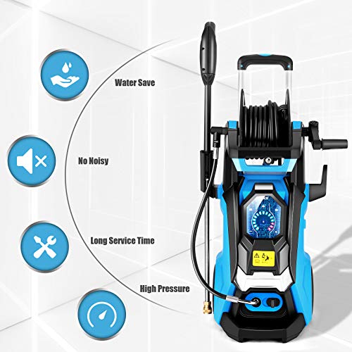TEANDE Electric Pressure Washer 3800 PSI Smart High Pressure Power Washer 2.8 GPM 1800W Powerful Cleaner Machine with Hose Reel, 4 Nozzles, Touch Screen 3 Gear Level,15 Level Pressure(Blue)