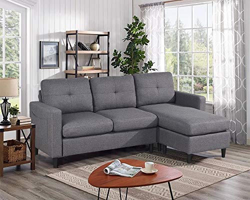 IPKIG Convertible Sectional Sofa Couch, Modern Comfy Linen Fabric L-Shaped Couch Sofa Sectional with Reversible Chaise and Side Pockets for Compact Living Space, Bedroom, Small Apartment, Dorm(Grey)