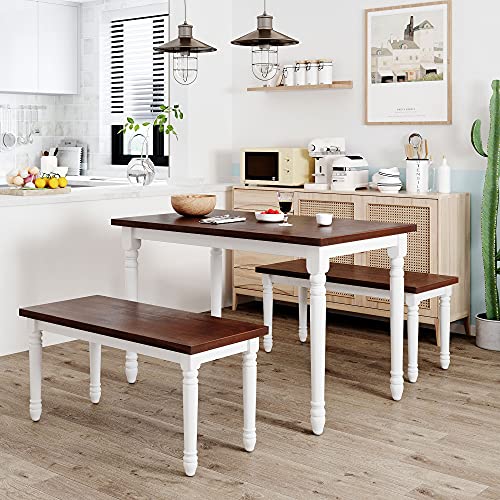 Harper & Bright Designs 3-Piece Retro Farmhouse Dining Set, Wood Kitchen Dining Table Set with 2 Benches, Cherry+White