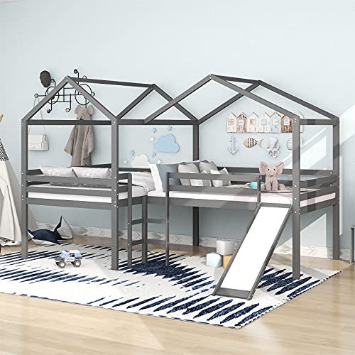 L-Shape Loft Beds Full House Loft Bed with Slide Low Loft Bed Frame for 2 Kids, Wood Gray Playhouse Loft Bed for Girls Boys Teens