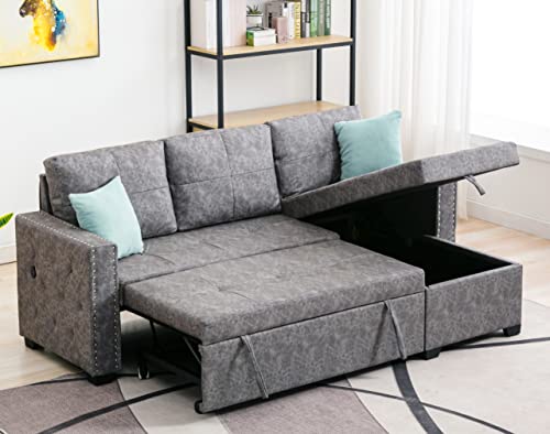 84inch Sleeper Sectional Sofa with Storage and 2 USB Charge Port - Contemporary Nail Head Trimmed Corner Sectional with Pull-Out Sleeper and Chaise,3 Seat Sectional Sofa with Storage