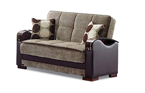 BEYAN Rochester Collection Upholstered Convertible Love Seat with Storage Space, Includes 2 Pillows, Dark Brown