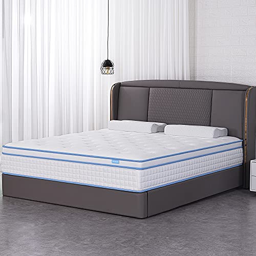 King Mattress,IYEE NATURE 12 Inch King Size Hybrid Mattress Individual Pocket Springs with Foam,King Bed in a Box with Breathable and Pressure Relief,Medium Firm,Bule