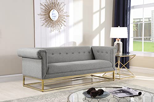 Iconic Home Palmira Sofa Button Tufted Linen-Textured Plush Cushion Brass Finished Brushed Metal Base Frame, Modern Transitional, Grey