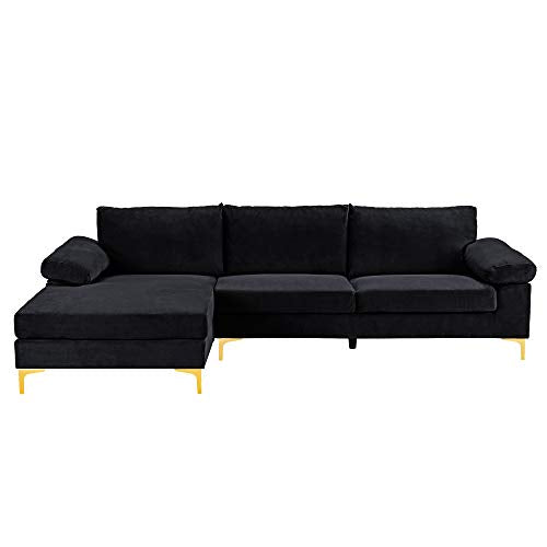 Casa Andrea Milano Modern Large Velvet Fabric Sectional Sofa Couch with Extra Wide Chaise Lounge with Golden Legs, L Shaped, Black