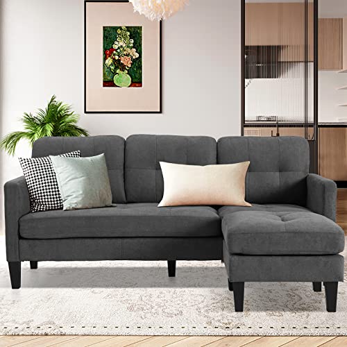 LEISU Convertible Sectional Sofa Couch with Reversible Chaise, L-Shaped Sofa Set Modern Linen Fabric Couch for Small Space, Living Room, Brown (Grey)