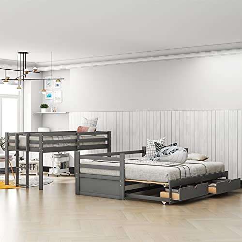 Twin Over Twin/Full/Queen/King Bunk Bed, New Version Wooden Bunk Bed with Drawers, Extendable Pull-Out Bunk Bed, Convertible to Daybed and Loft Bed, Functional Twin Bunk Bed (Grey)