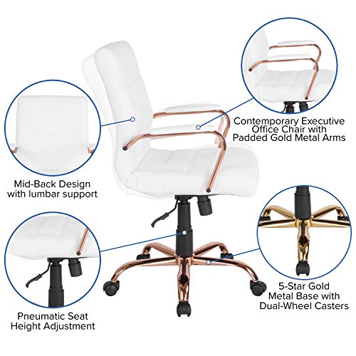 Flash Furniture Mid-Back White LeatherSoft Executive Swivel Office Chair with Rose Gold Frame and Arms