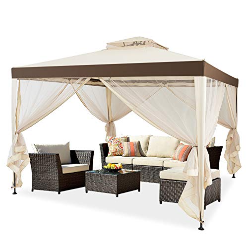 KEDY 10’ x 10’ 2-Tier Outdoor Soft Top Gazebo with Curtains, Canopy Gazebo Tent Shelter Garden Lawn Patio House Party Canopy Home Patio Garden Structures Gazebos (Beige)