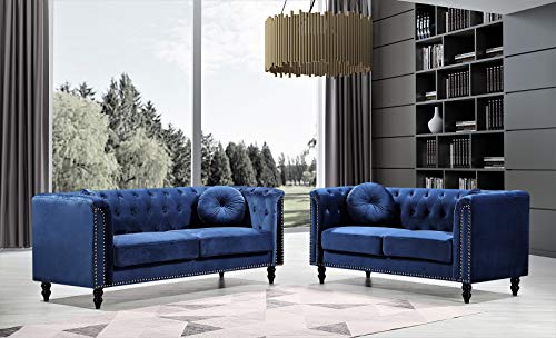 Container Furniture Direct Kittleson Mid Century Velvet Upholstered Nailhead Chesterfield, Sofa, Ultra Blue