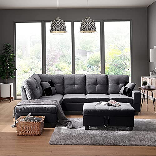 GAOPAN 104 inch Modern Polyester Blend Sectional Sofa with Storage Ottoman & Left Chaise Lounge, L-Shaped 5 Seater W/ 2 Pillows Tufted Cushion Classic Style Couch for Living Room Furniture, Gray, Grey