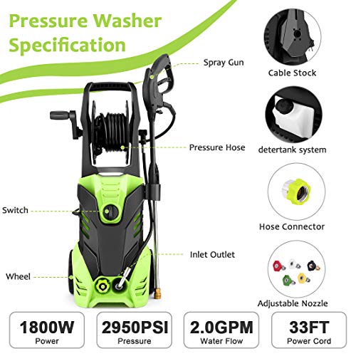 Homdox 2950 PSI Electric Pressure Washer 2.0 GPM High Pressure Washer 1800W Electric Power Washer Cleaner with Hose Reel 5 Nozzles