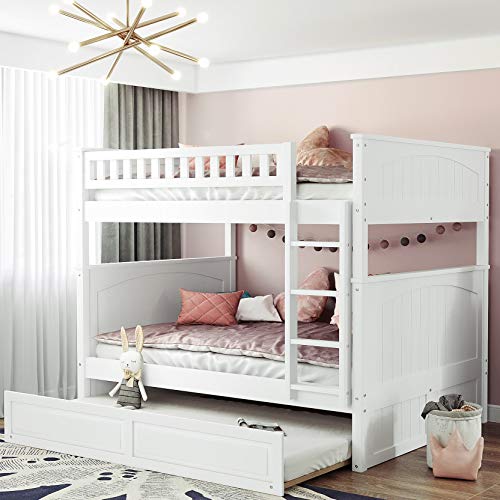 Bunk Beds Full Over Full with Trundle, Solid Wood Full Bunk Beds with Ladder, High Length Guardrail, No Box Spring Needed